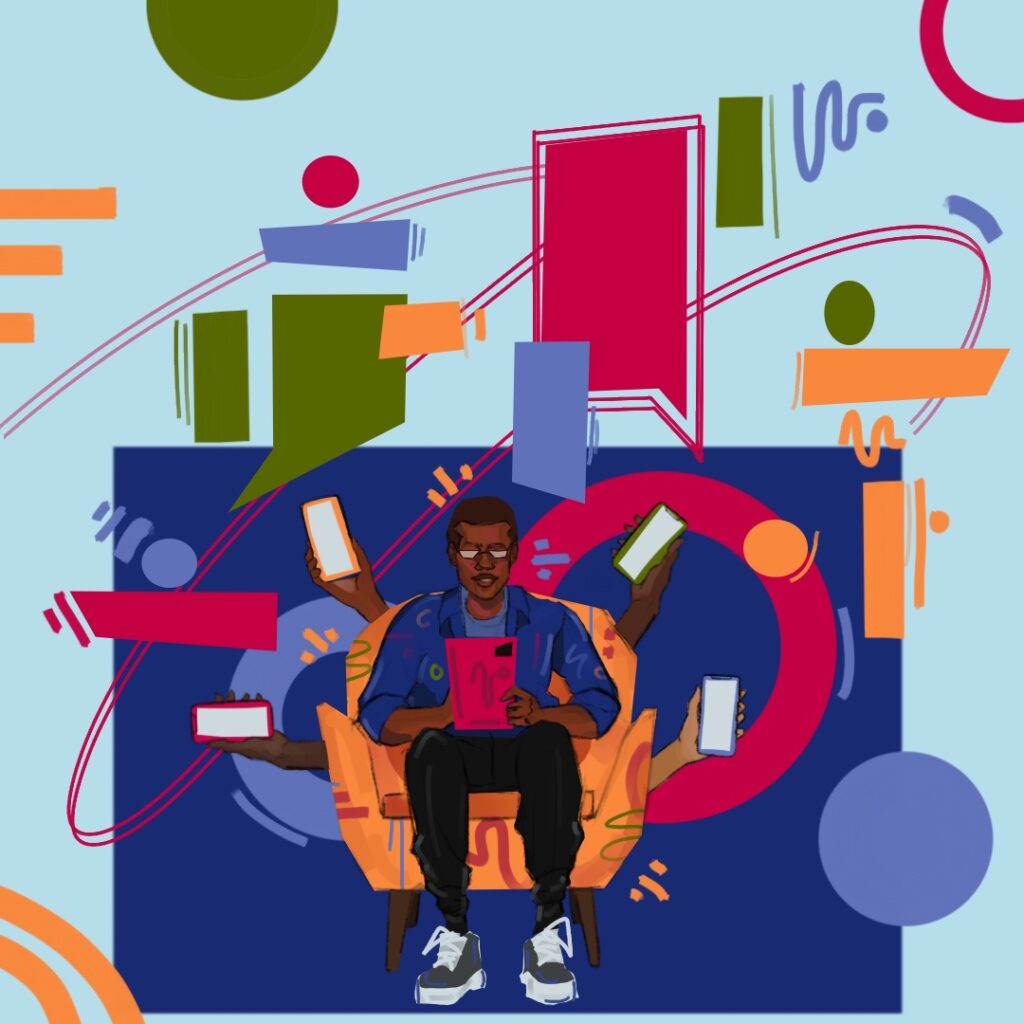 Illustration of a young person holding a digital tablet while sitting, with multiple hands in the background using smart phones to get text support