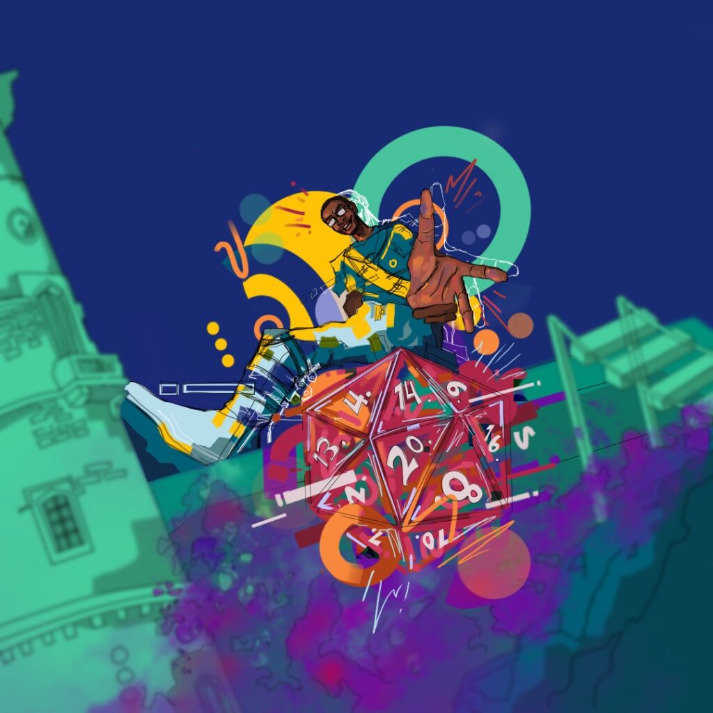 Illustration of a young person rolling a numbered dice while floating in the air with a green castle and ladder in the background